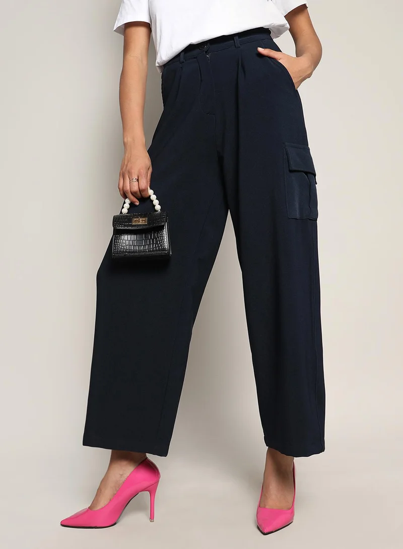 كامبوس سوترا Women's Navy Blue Baggy Cargo Pants For Casual Wear | Mid-Rise | 4 Pockets | Button Closure | Cargo Pants Crafted With Comfort Fit For Everyday Wear